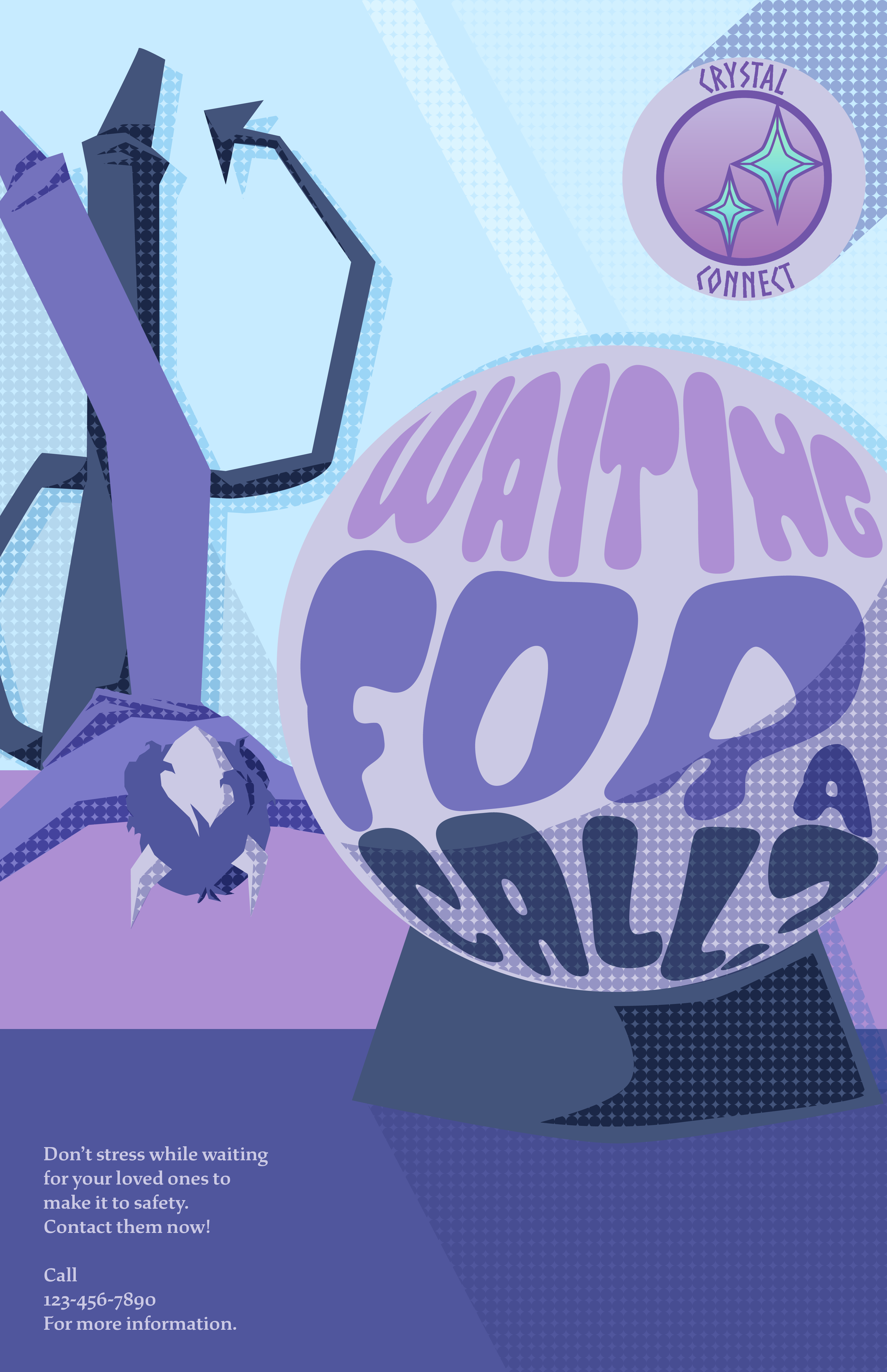 The second poster. Shows a demon laying upside down on a bed, staring at a crystal ball, waiting. The ball says 'Waiting for a call?' and the small text reads 'Don't stress while waiting for your loved ones to make it to safety. Call now! Call 123-456-7890 for more information